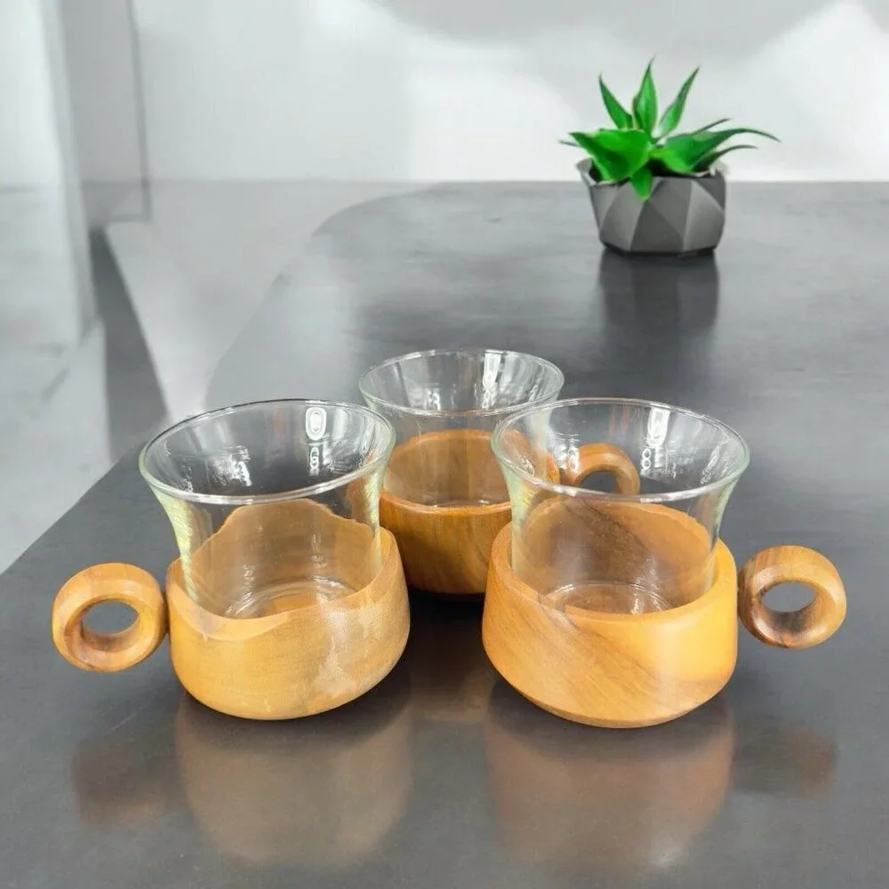 Vintage Jena Glass Mug with Wooden Holder Insert Set 3 Round Handle Wood Insert